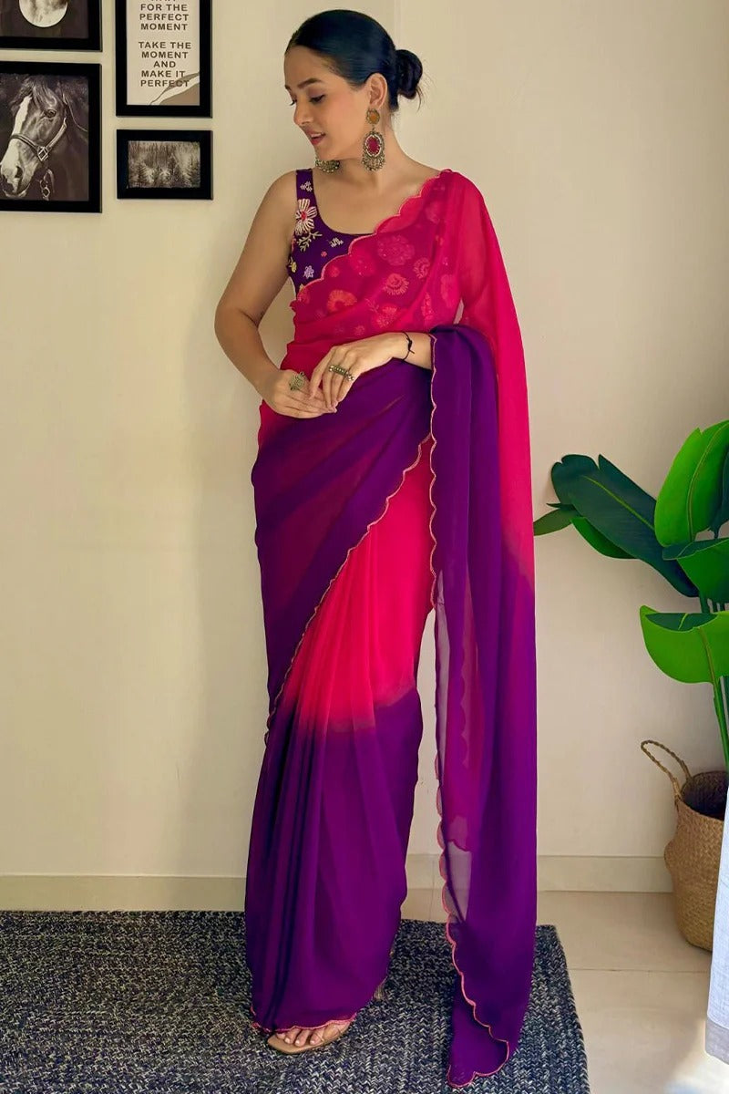 Cynosure 1-Minute Ready To Wear Pink And Purple Georgette Saree