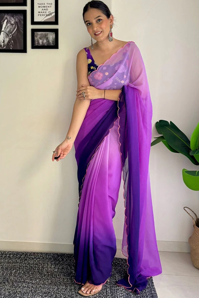 Vestigial 1-Minute Ready To Wear Purple And Blue Georgette Saree