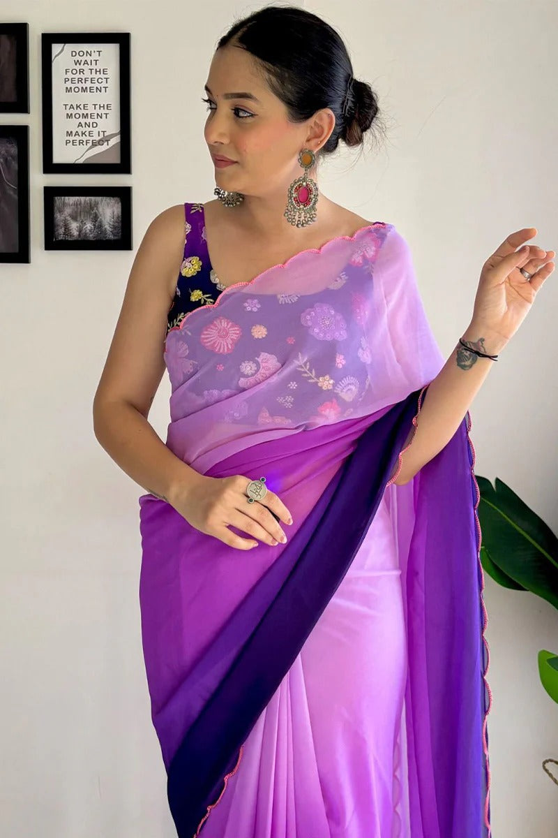 Vestigial 1-Minute Ready To Wear Purple And Blue Georgette Saree