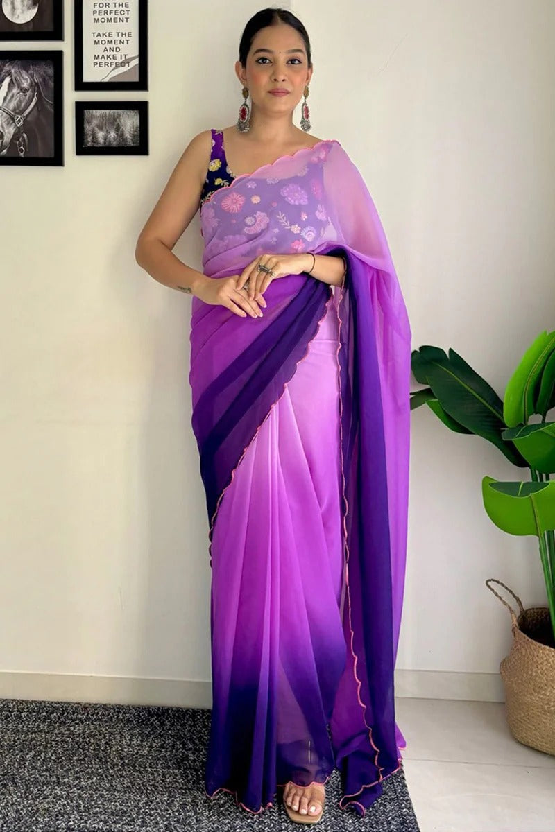 Vestigial 1-Minute Ready To Wear Purple And Blue Georgette Saree