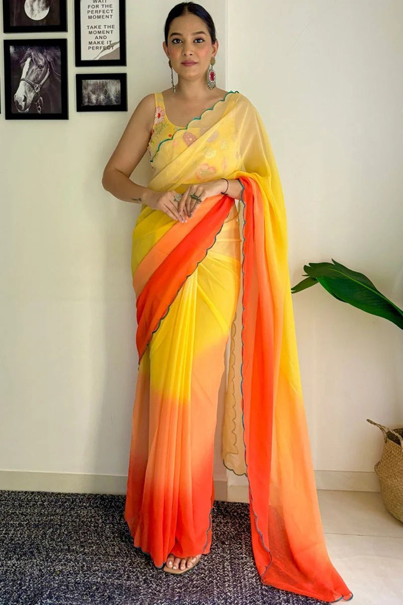 Surreptitious 1-Minute Ready To Wear Yellow And Orange Georgette Saree