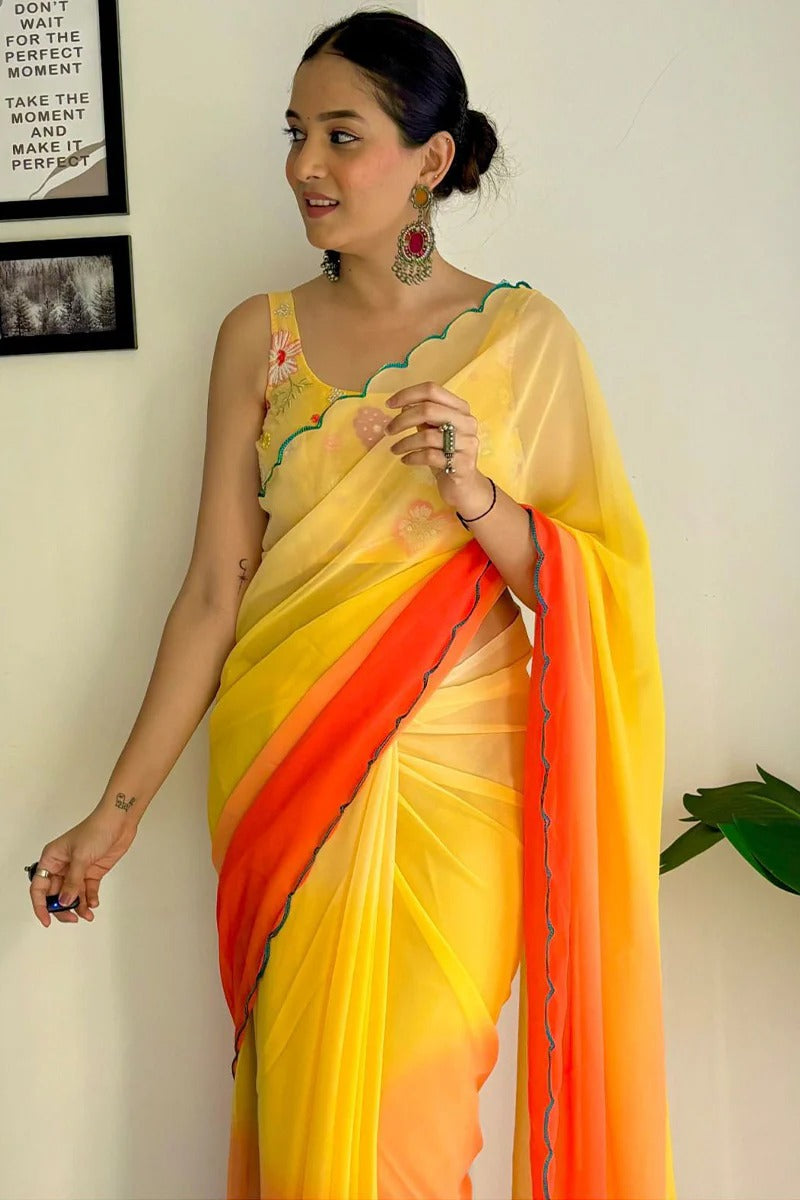 Surreptitious 1-Minute Ready To Wear Yellow And Orange Georgette Saree