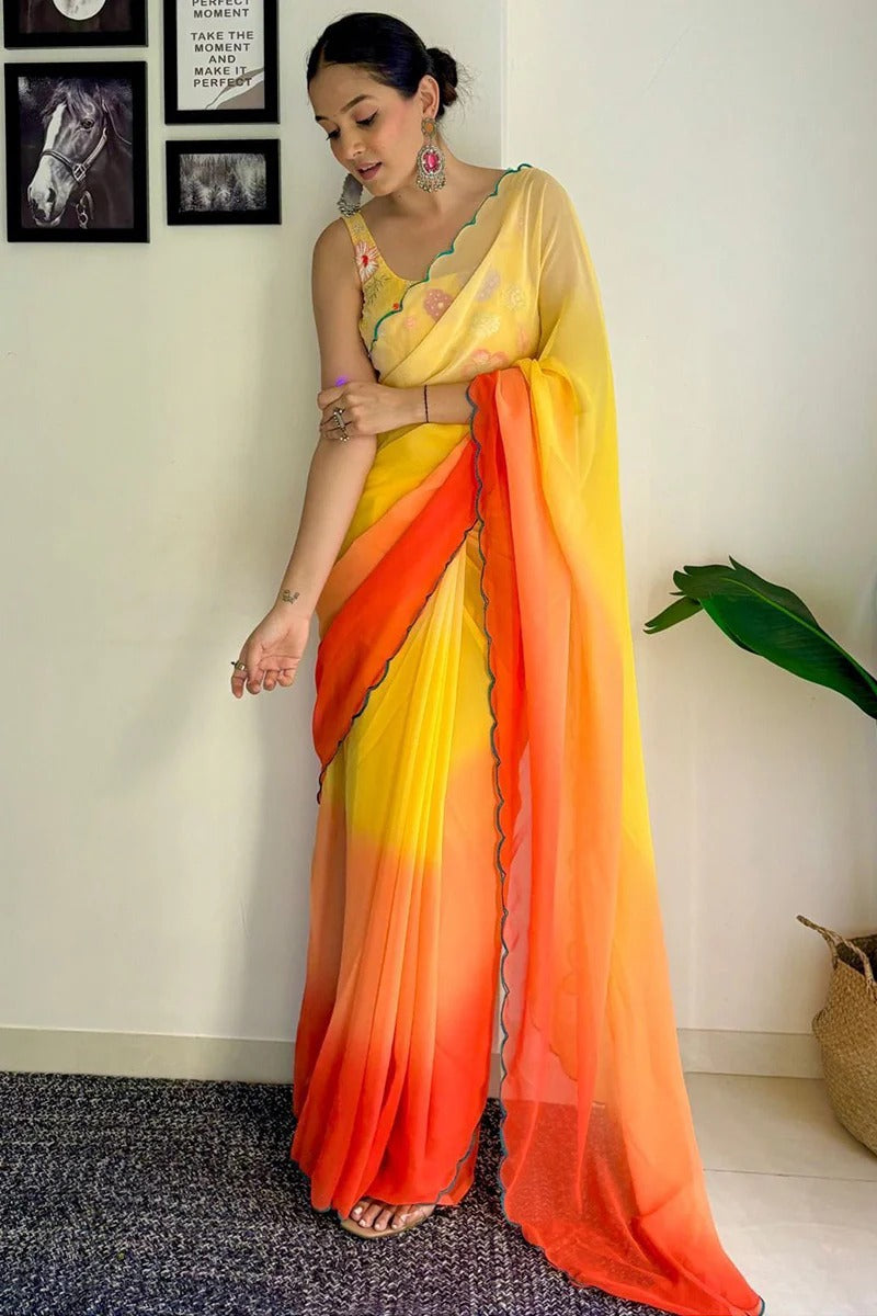 Surreptitious 1-Minute Ready To Wear Yellow And Orange Georgette Saree