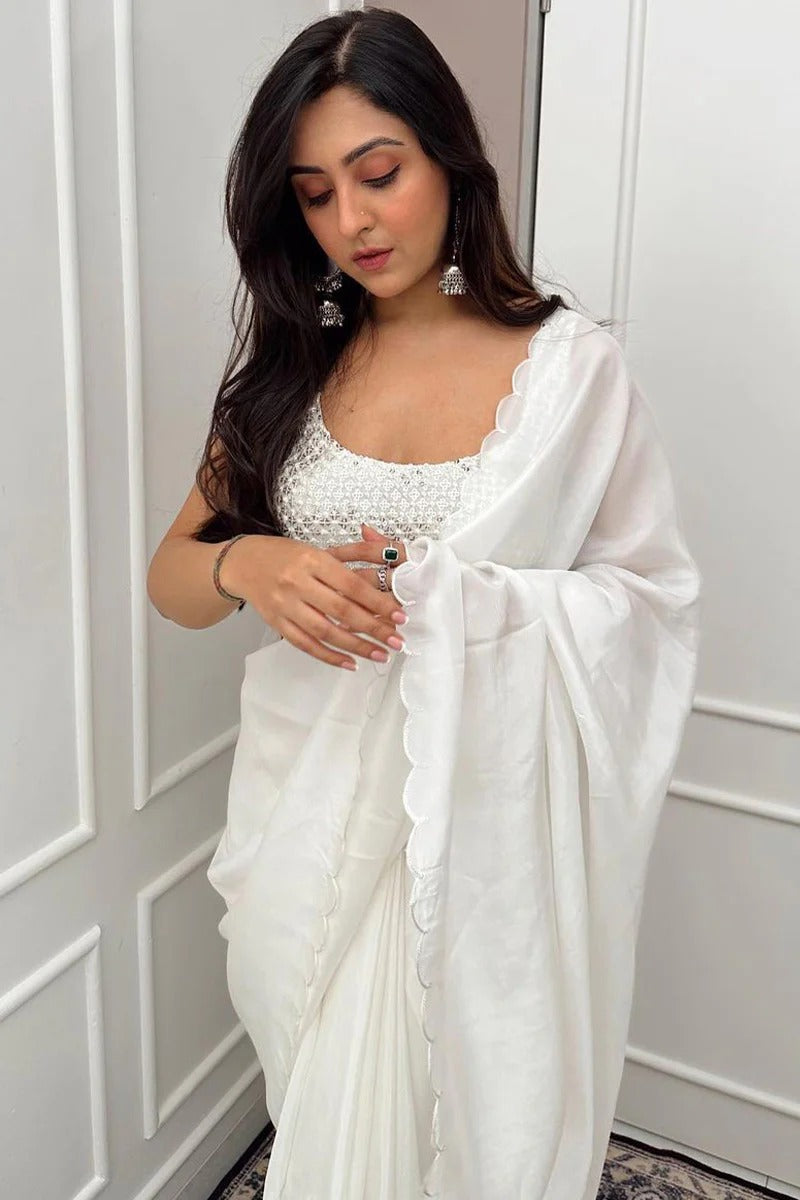 Exuberant 1-Minute Ready To Wear White Georgette Saree