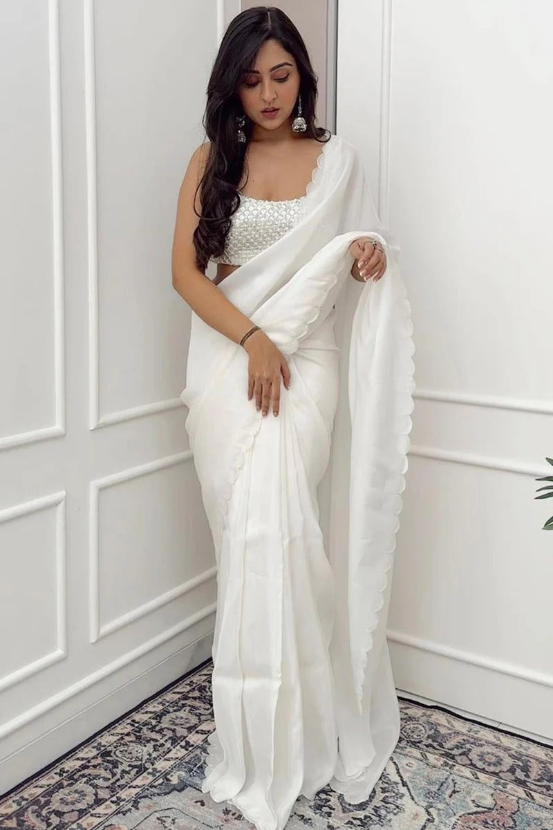 Exuberant 1-Minute Ready To Wear White Georgette Saree