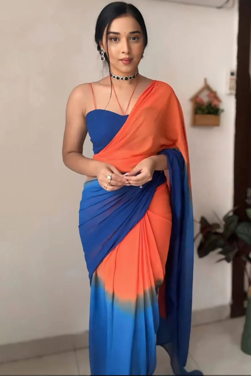 Epiphany 1-Minute Ready To Wear Orange And Blue Georgette Saree