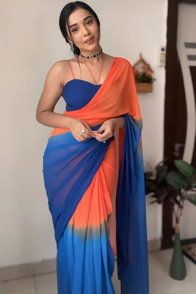 Epiphany 1-Minute Ready To Wear Orange And Blue Georgette Saree