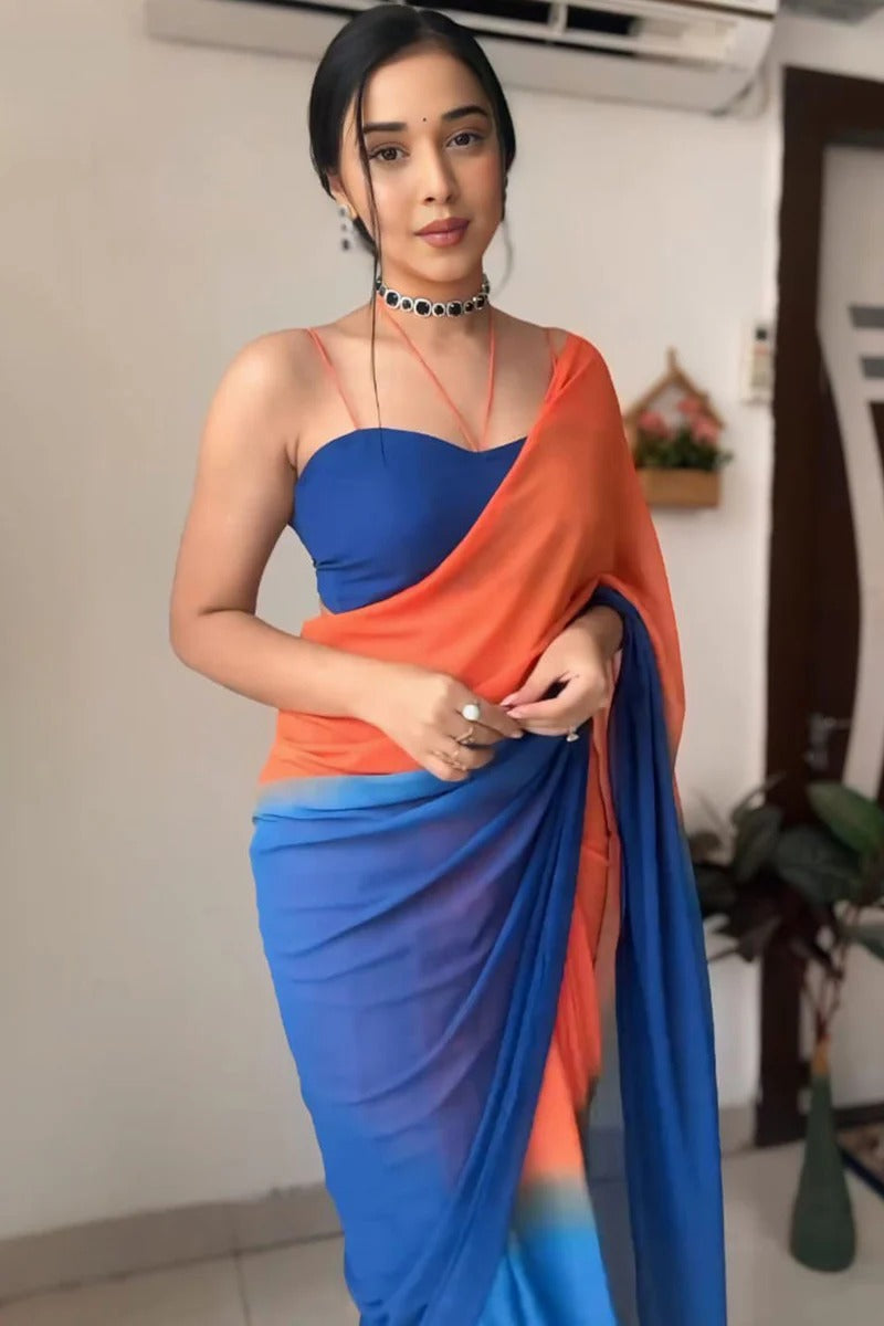 Epiphany 1-Minute Ready To Wear Orange And Blue Georgette Saree