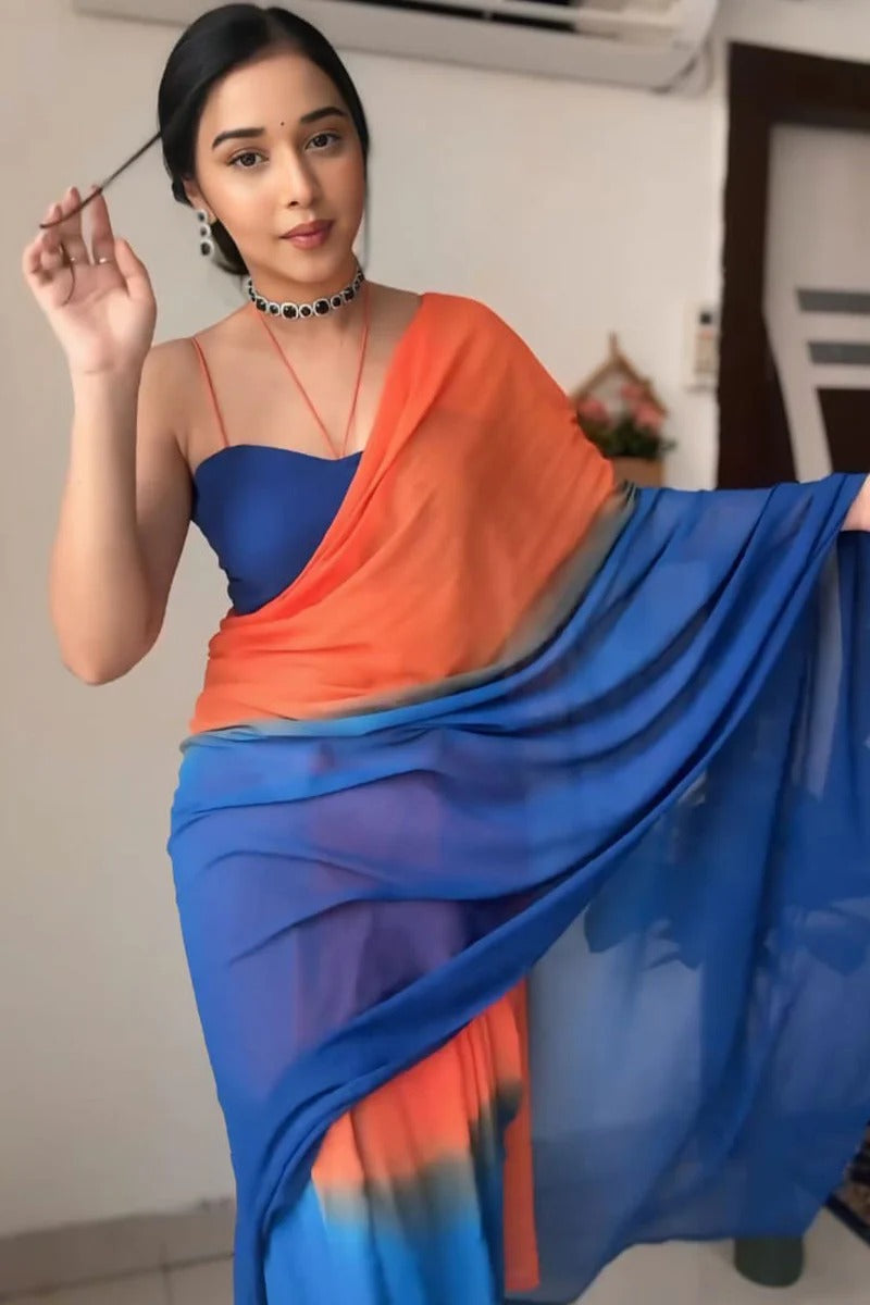 Epiphany 1-Minute Ready To Wear Orange And Blue Georgette Saree