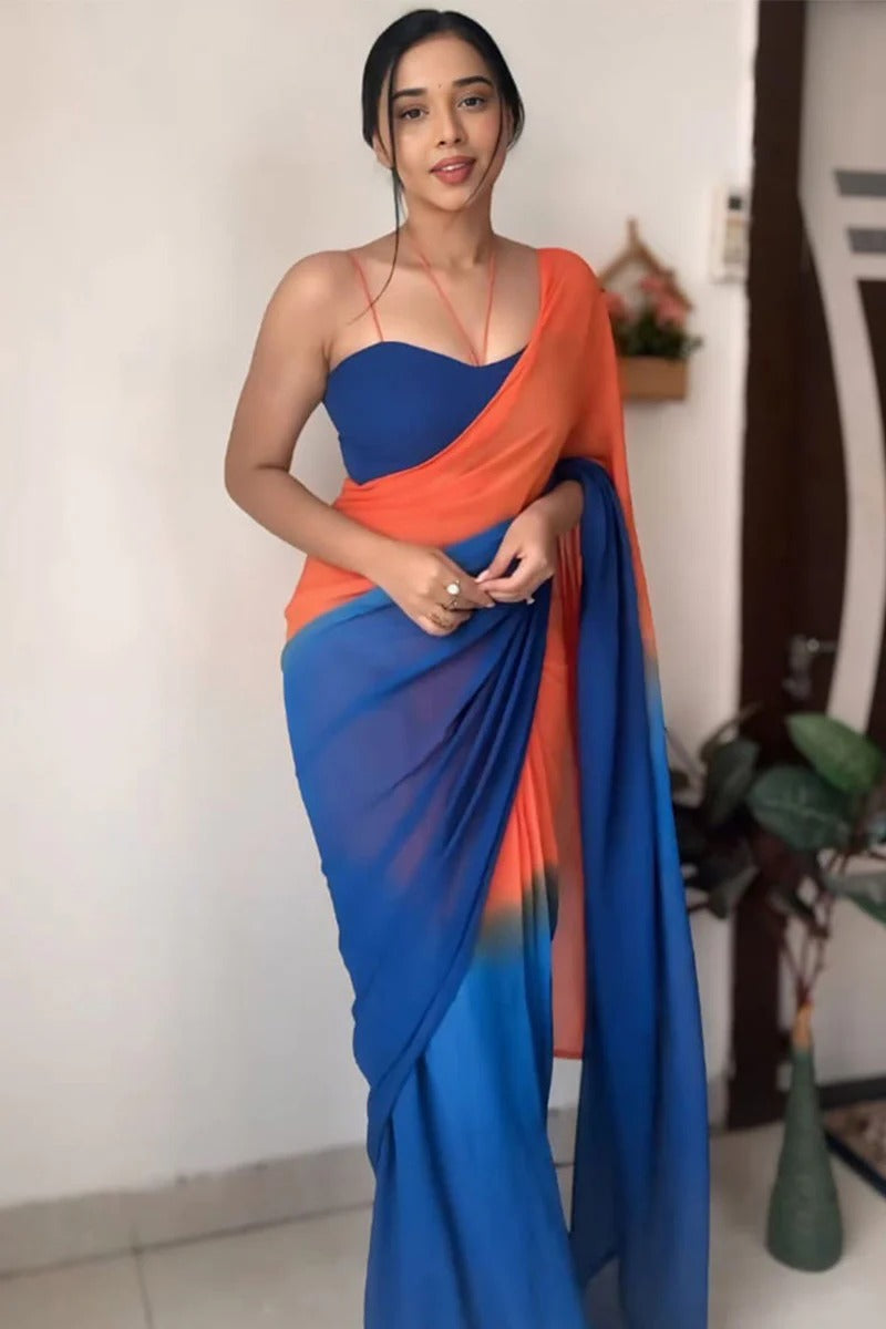 Epiphany 1-Minute Ready To Wear Orange And Blue Georgette Saree