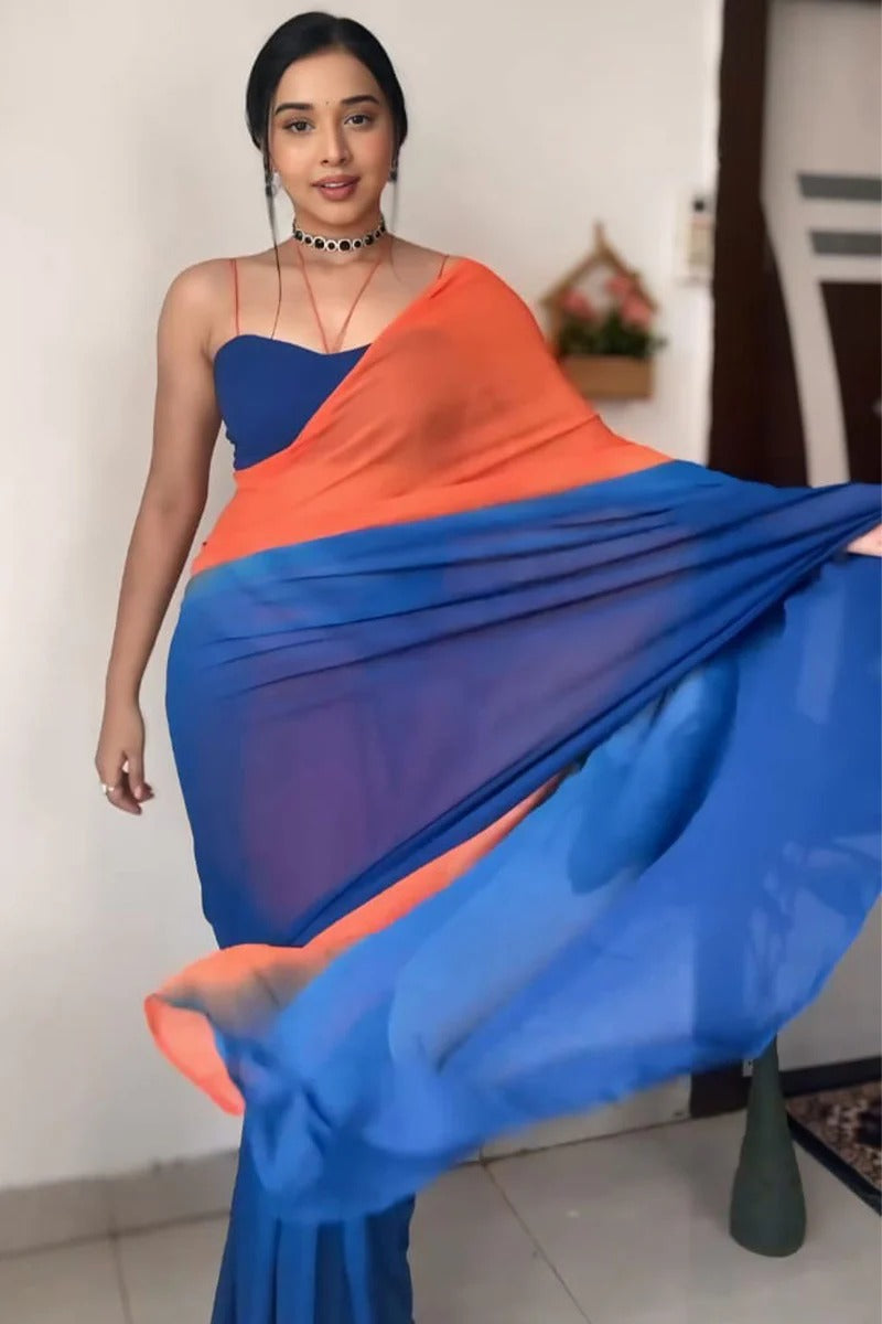 Epiphany 1-Minute Ready To Wear Orange And Blue Georgette Saree