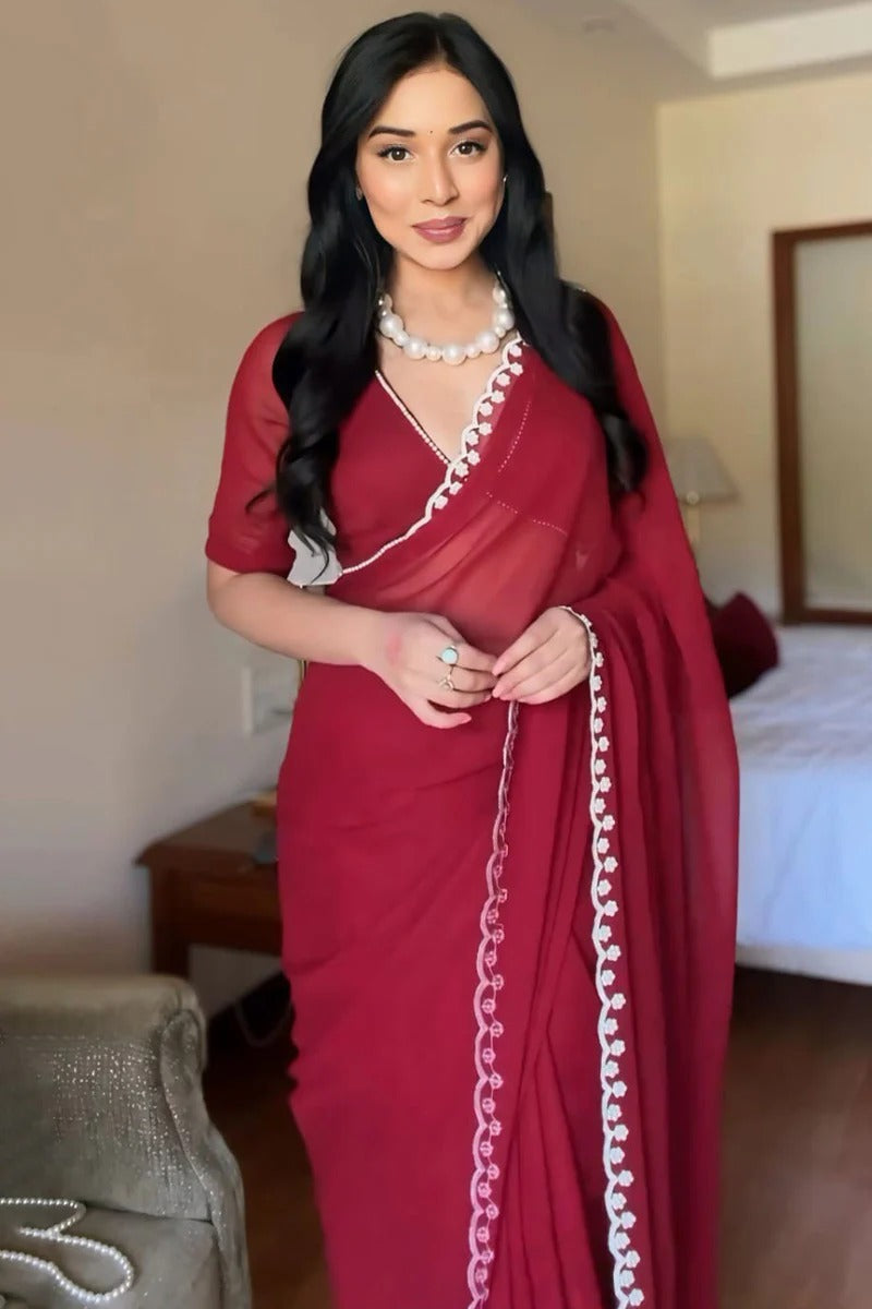 Prettiest 1-Minute Ready To Wear Maroon Georgette Saree