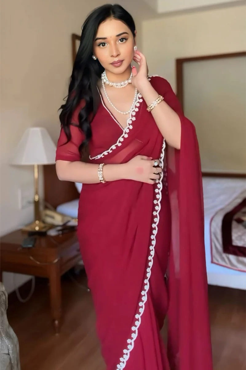 Prettiest 1-Minute Ready To Wear Maroon Georgette Saree