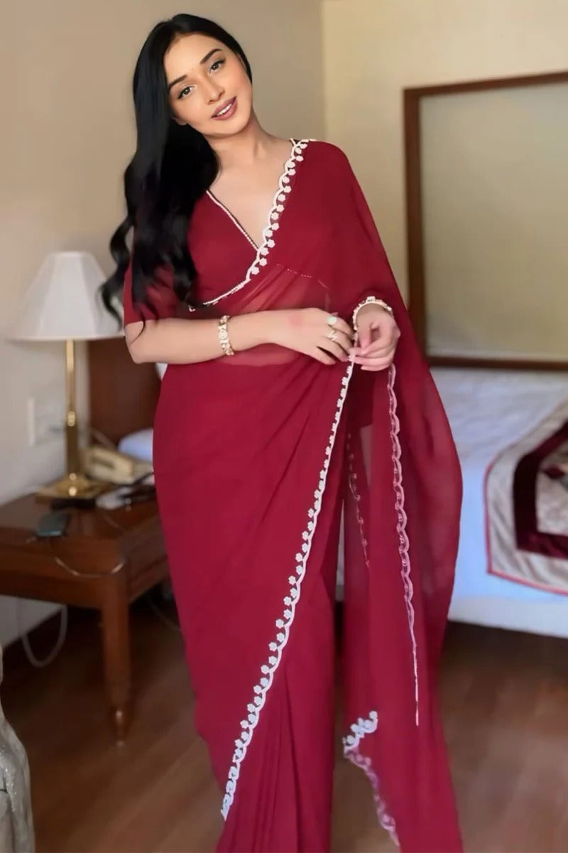 Prettiest 1-Minute Ready To Wear Maroon Georgette Saree