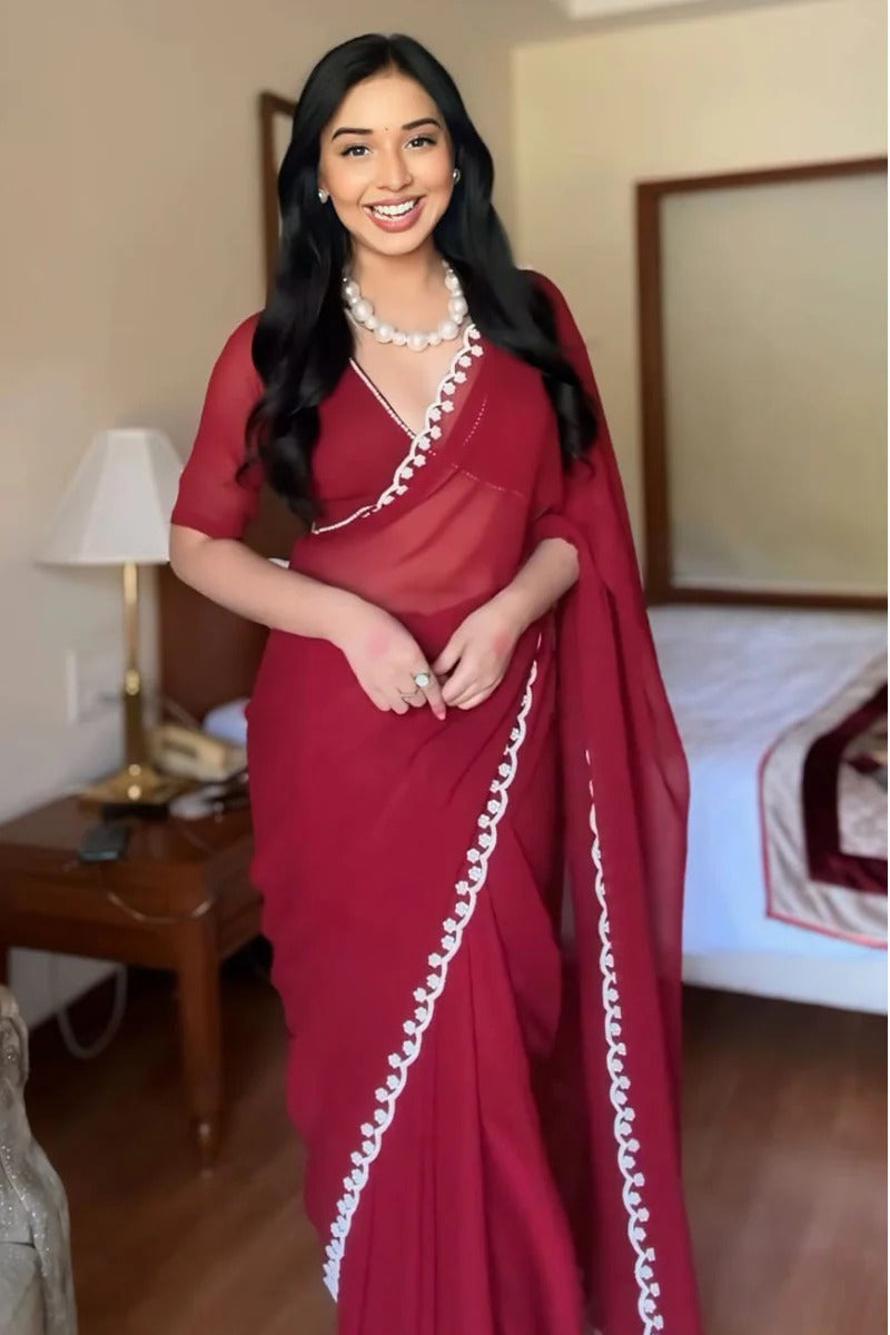 Prettiest 1-Minute Ready To Wear Maroon Georgette Saree