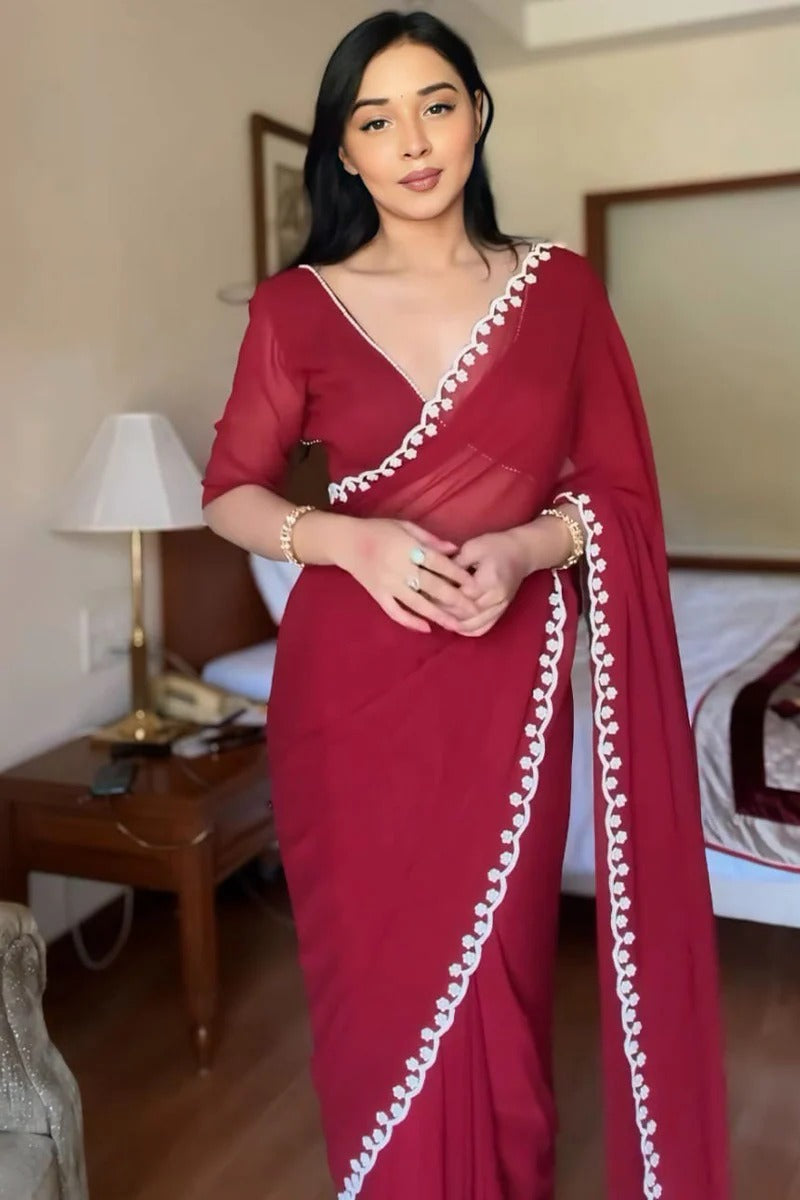 Prettiest 1-Minute Ready To Wear Maroon Georgette Saree