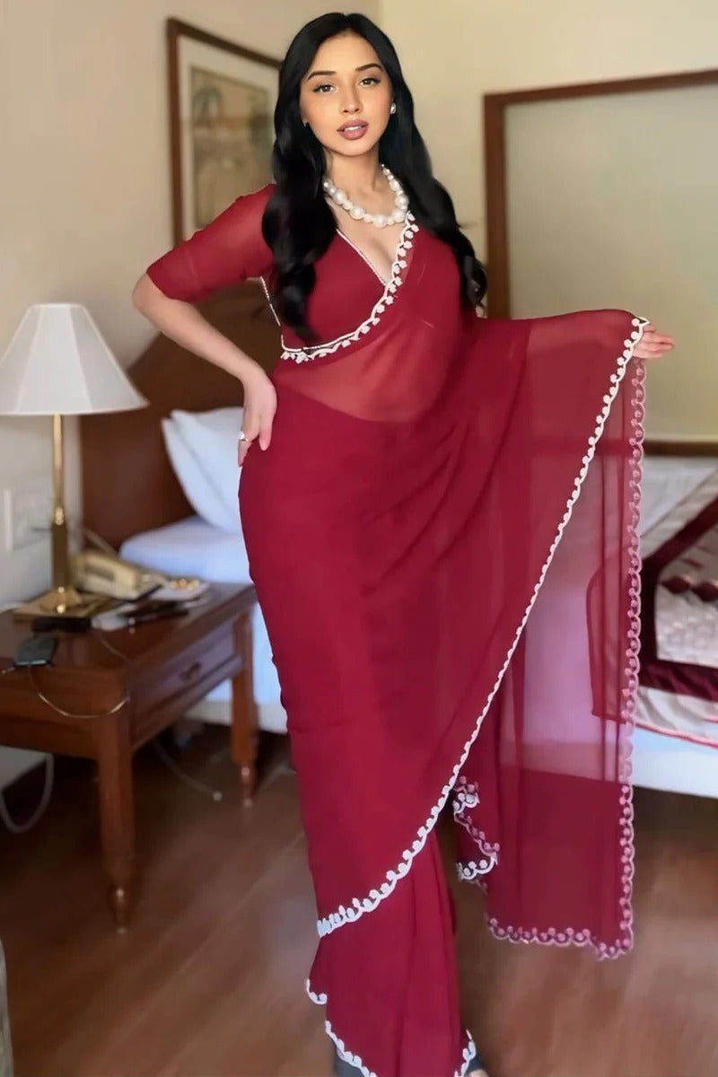 Prettiest 1-Minute Ready To Wear Maroon Georgette Saree