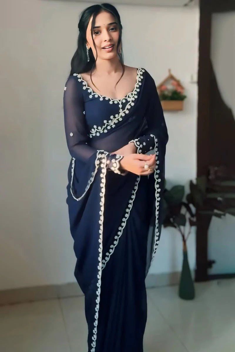 Most Flattering 1-Minute Ready To Wear Navy Blue Georgette Saree