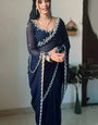 Most Flattering 1-Minute Ready To Wear Navy Blue Georgette Saree