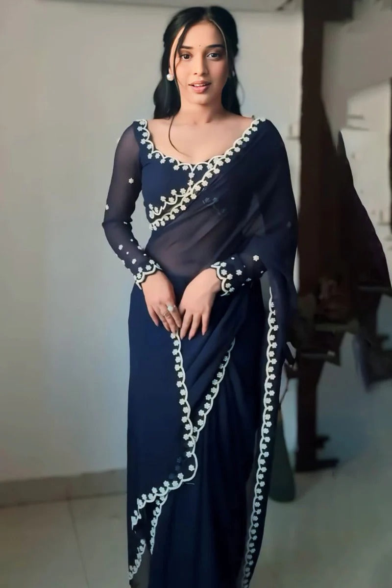 Most Flattering 1-Minute Ready To Wear Navy Blue Georgette Saree