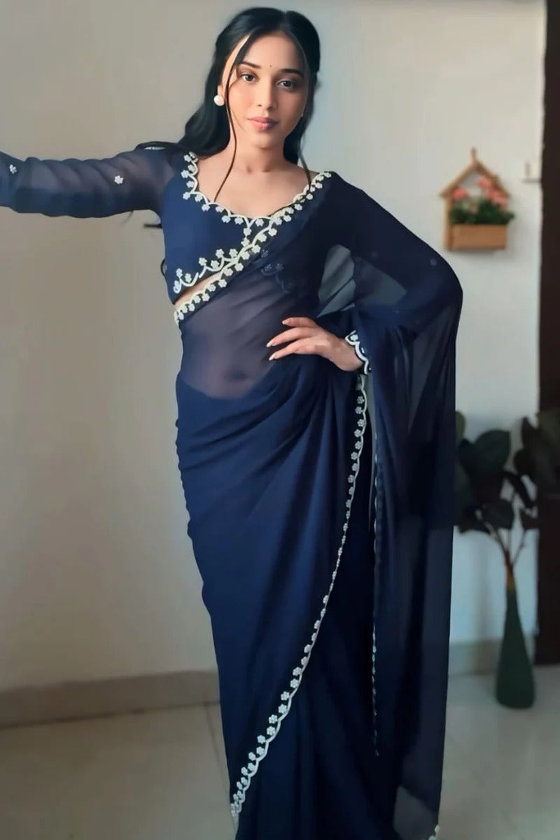 Most Flattering 1-Minute Ready To Wear Navy Blue Georgette Saree