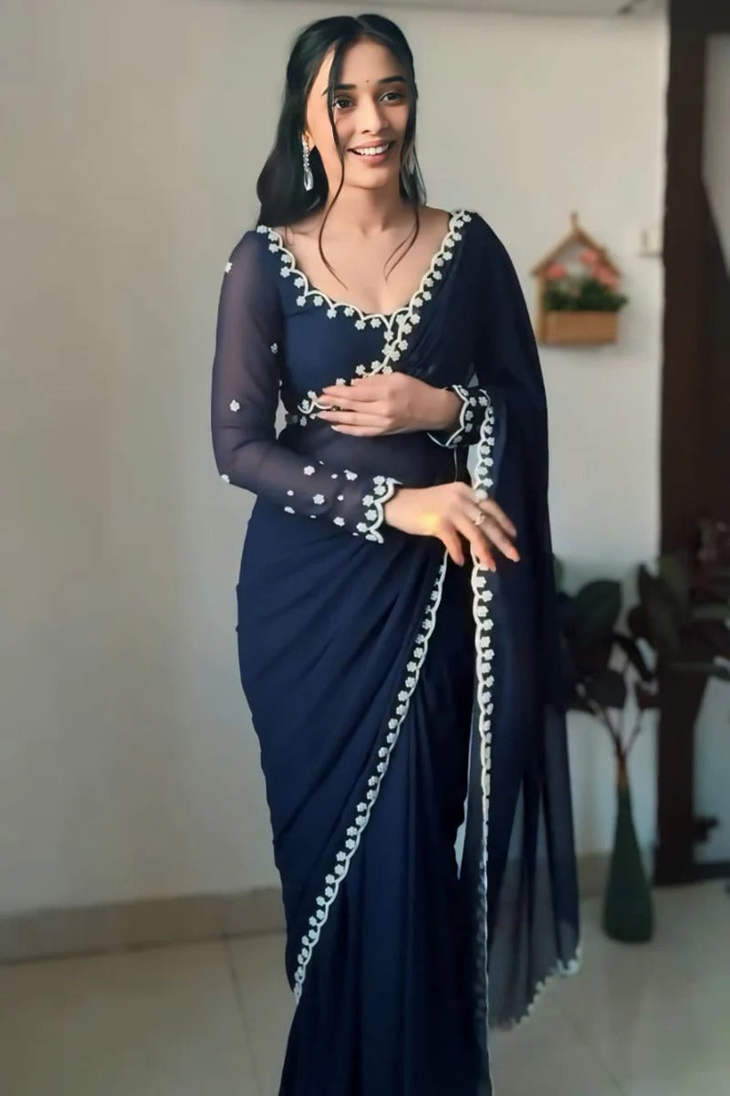 Most Flattering 1-Minute Ready To Wear Navy Blue Georgette Saree