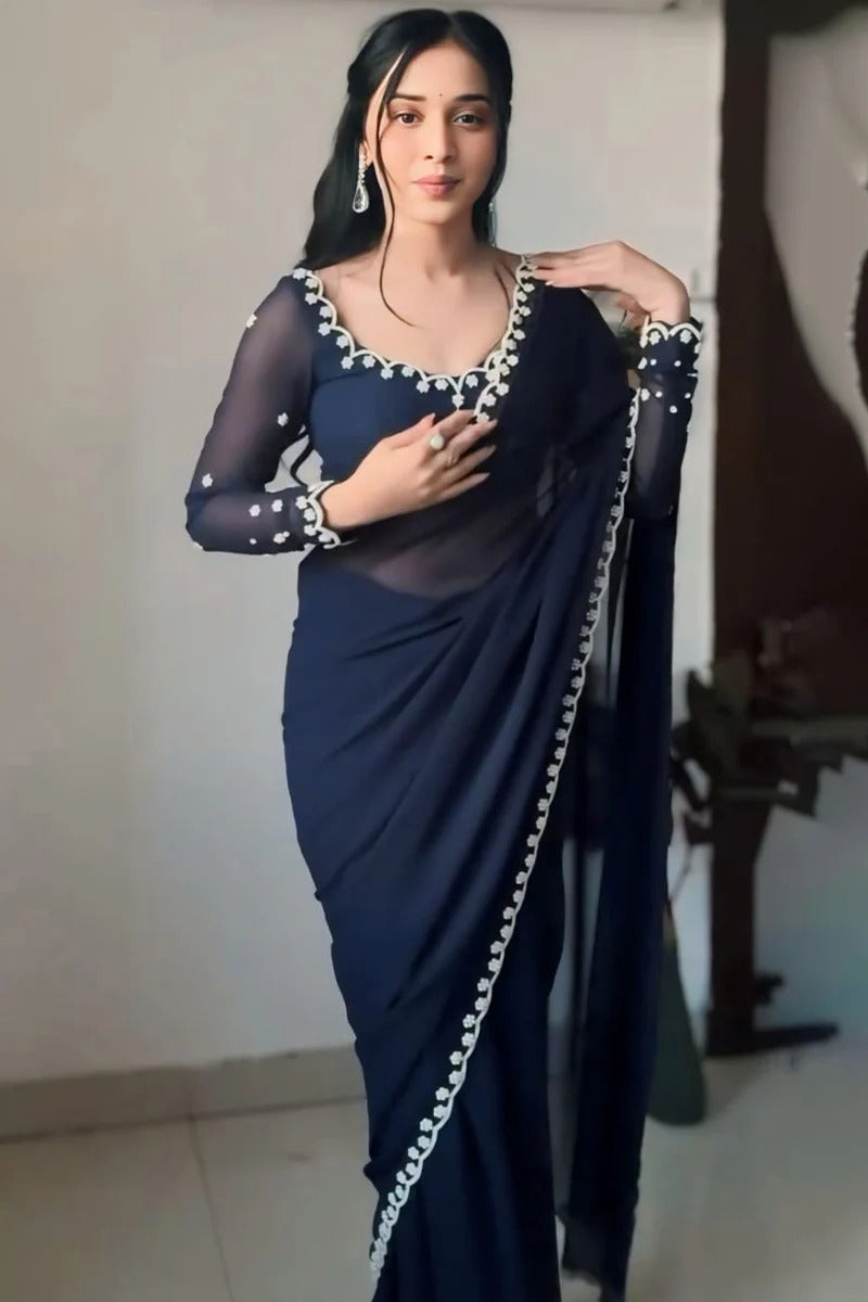 Most Flattering 1-Minute Ready To Wear Navy Blue Georgette Saree