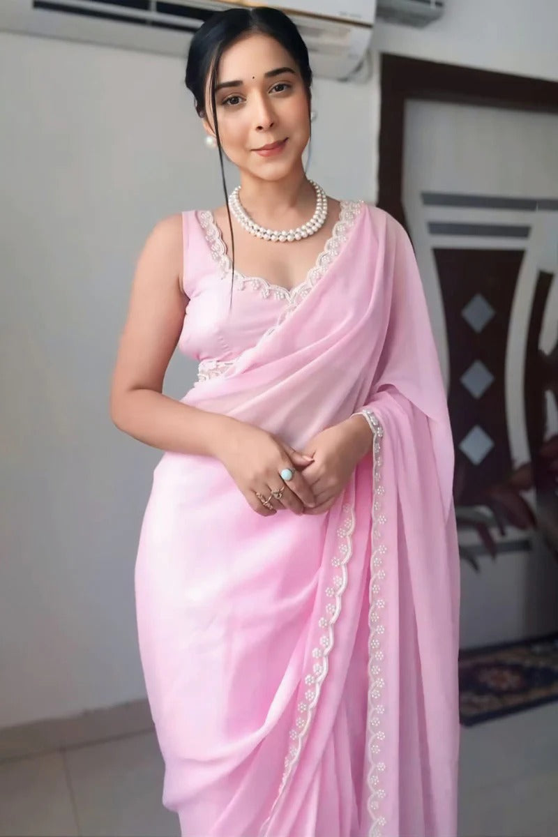 Stylish 1-Minute Ready To Wear Pink Georgette Saree