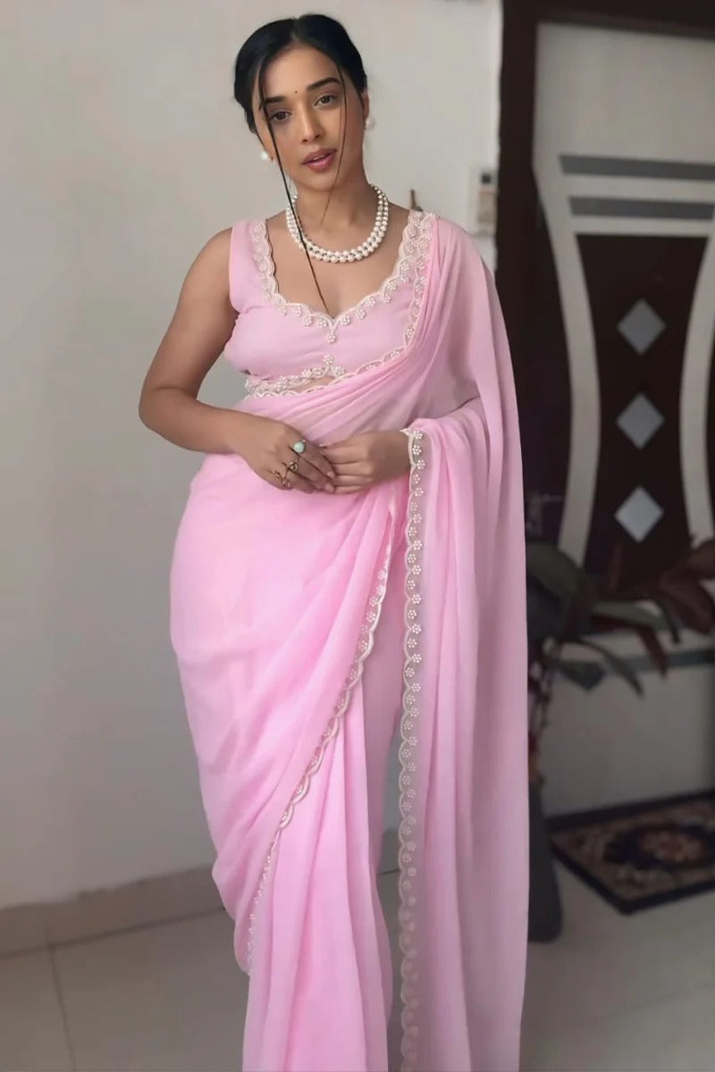 Stylish 1-Minute Ready To Wear Pink Georgette Saree