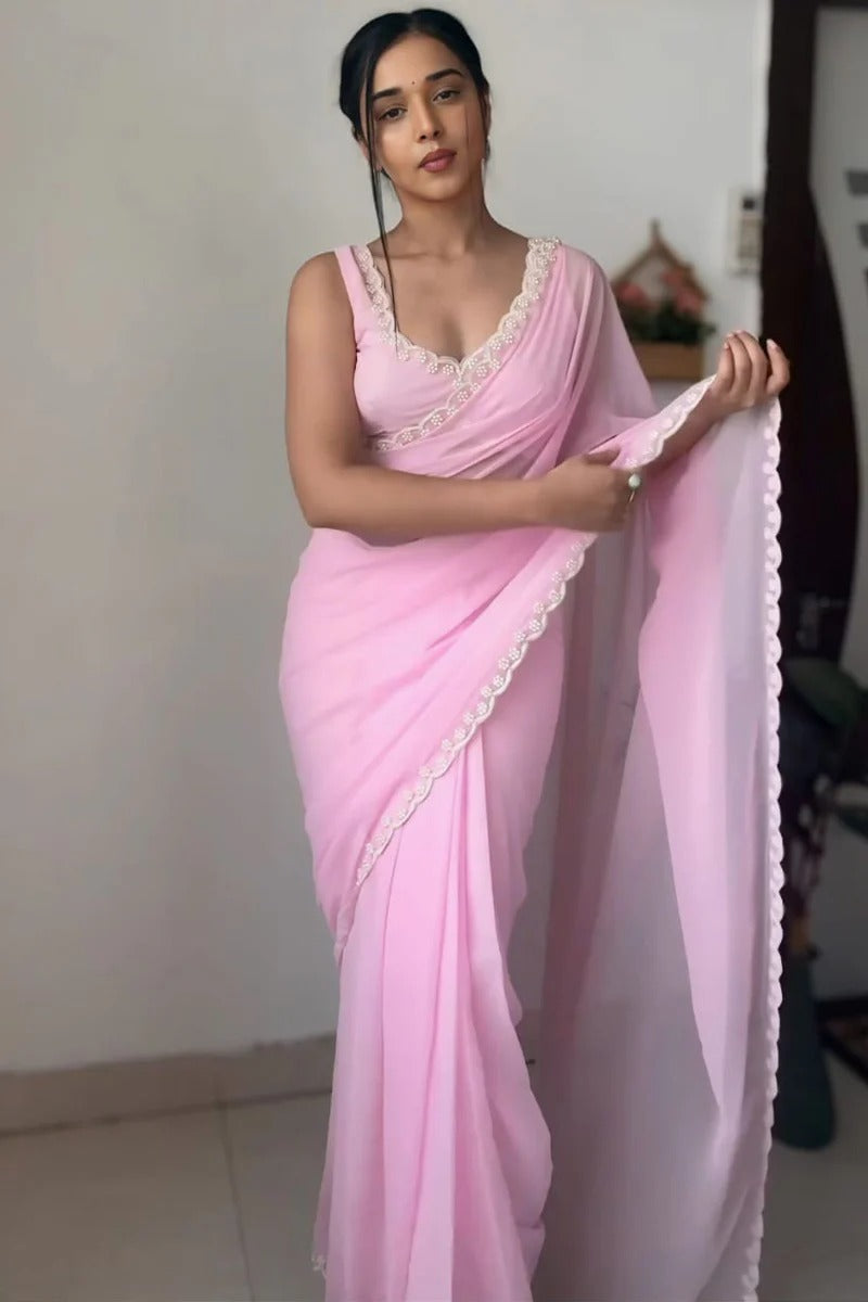 Stylish 1-Minute Ready To Wear Pink Georgette Saree