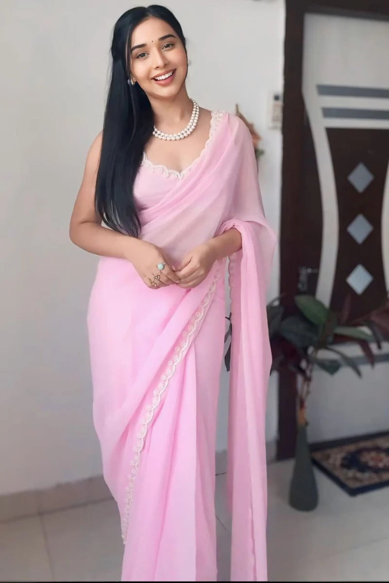 Stylish 1-Minute Ready To Wear Pink Georgette Saree