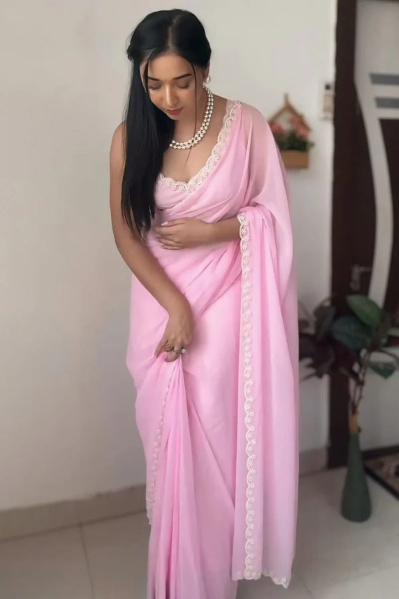 Stylish 1-Minute Ready To Wear Pink Georgette Saree