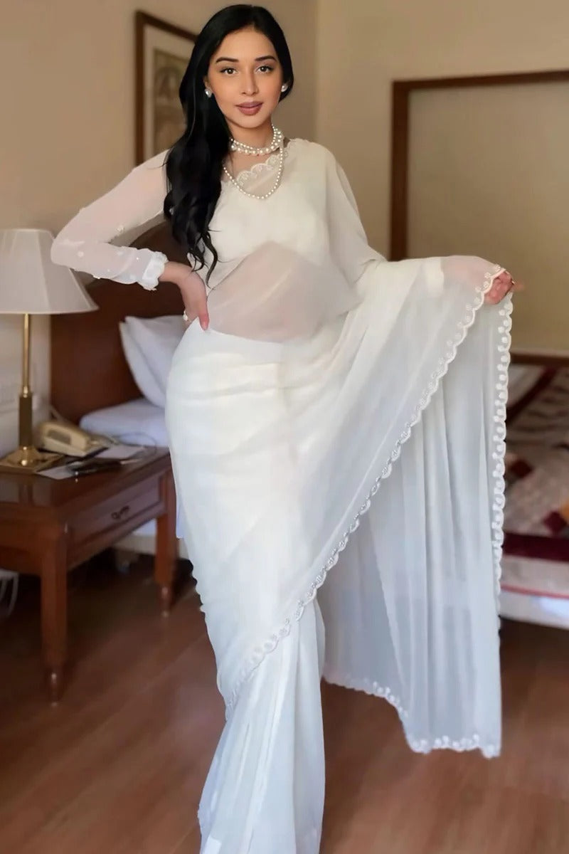 Most Stunning 1-Minute Ready To Wear White Georgette Saree