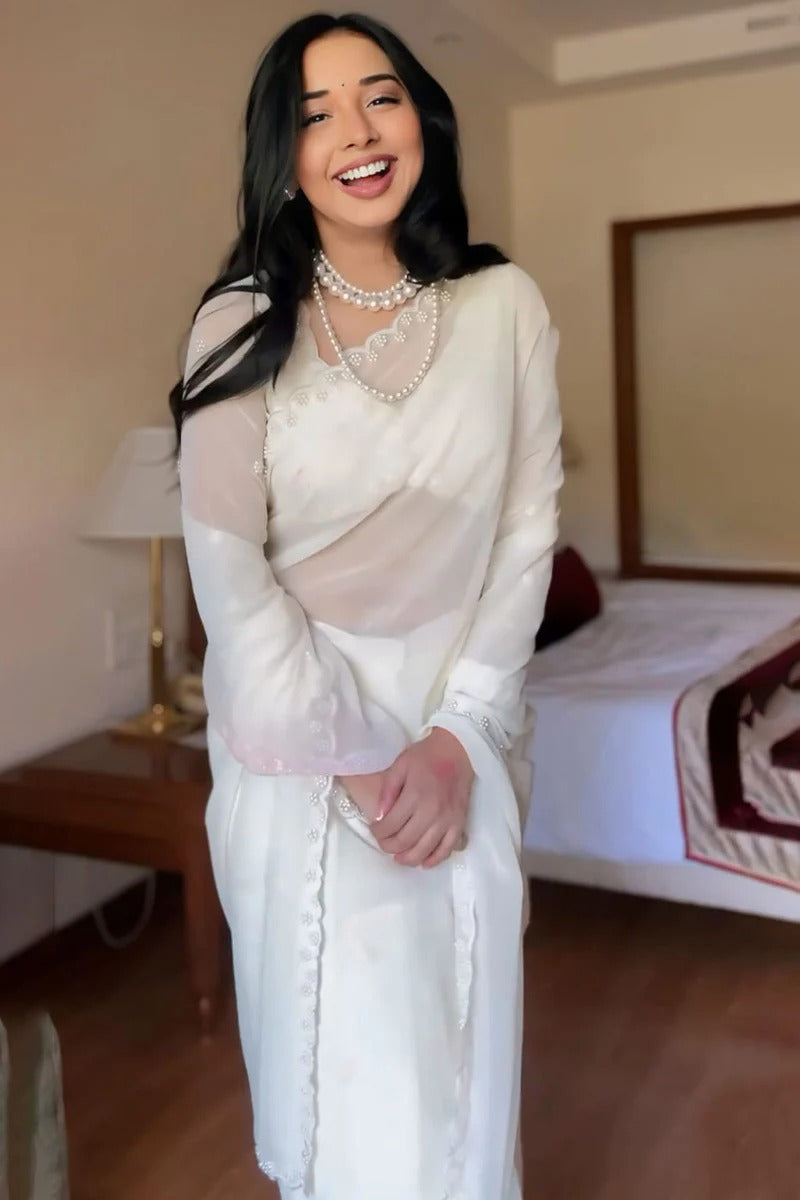 Most Stunning 1-Minute Ready To Wear White Georgette Saree