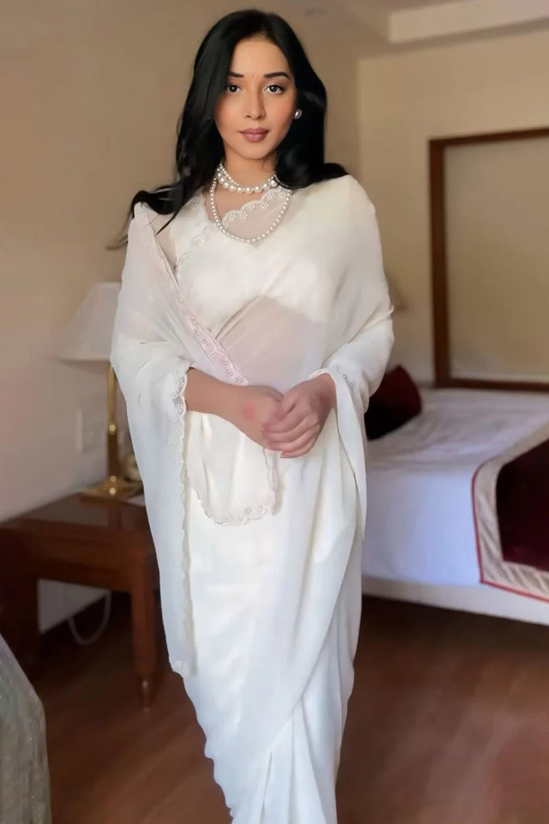 Most Stunning 1-Minute Ready To Wear White Georgette Saree