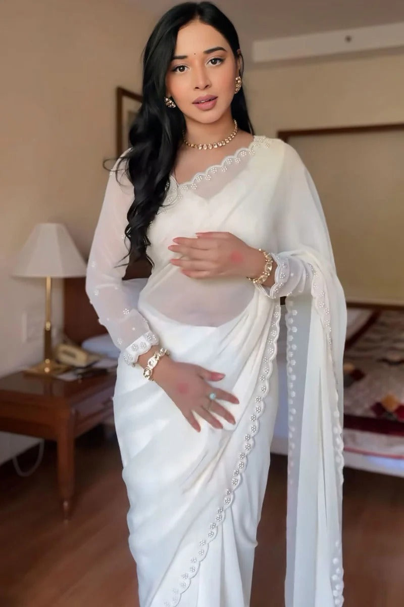 Most Stunning 1-Minute Ready To Wear White Georgette Saree