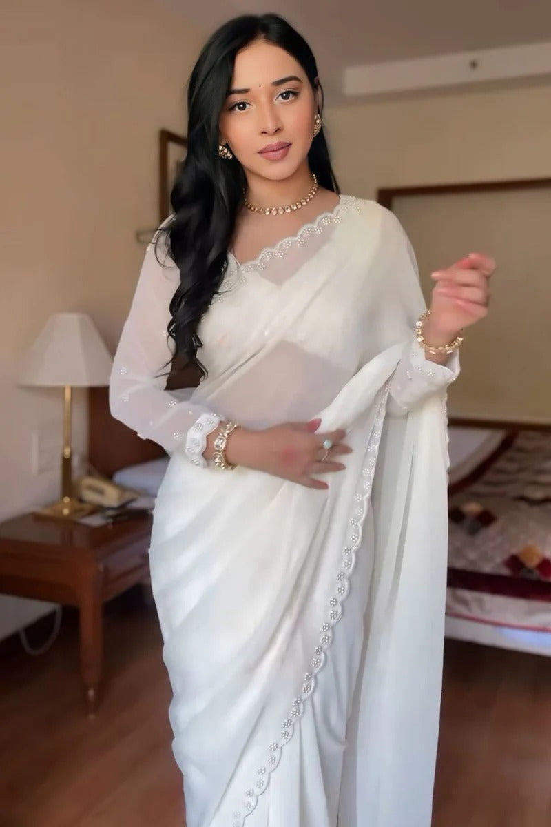 Most Stunning 1-Minute Ready To Wear White Georgette Saree