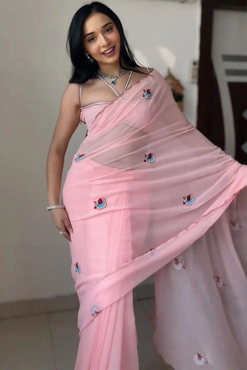 Prominent 1 Minutes Ready To Wear Pink Georgette Saree