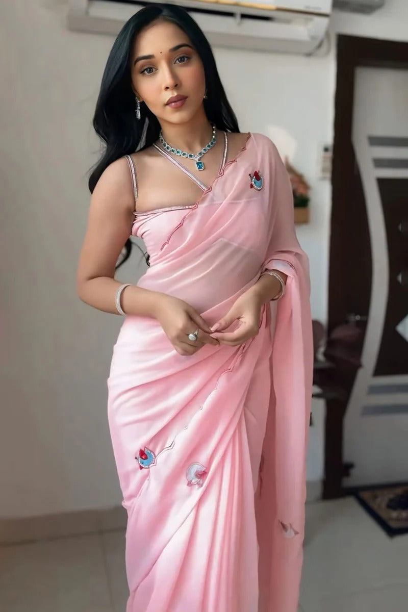 Prominent 1 Minutes Ready To Wear Pink Georgette Saree