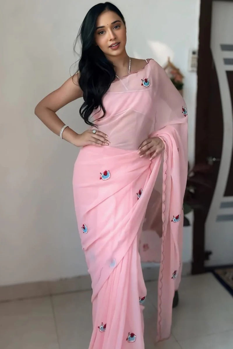 Prominent 1 Minutes Ready To Wear Pink Georgette Saree