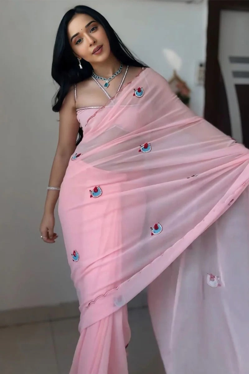 Prominent 1 Minutes Ready To Wear Pink Georgette Saree