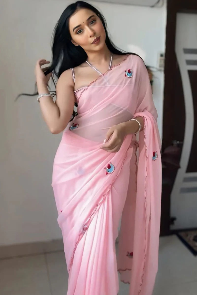 Prominent 1 Minutes Ready To Wear Pink Georgette Saree