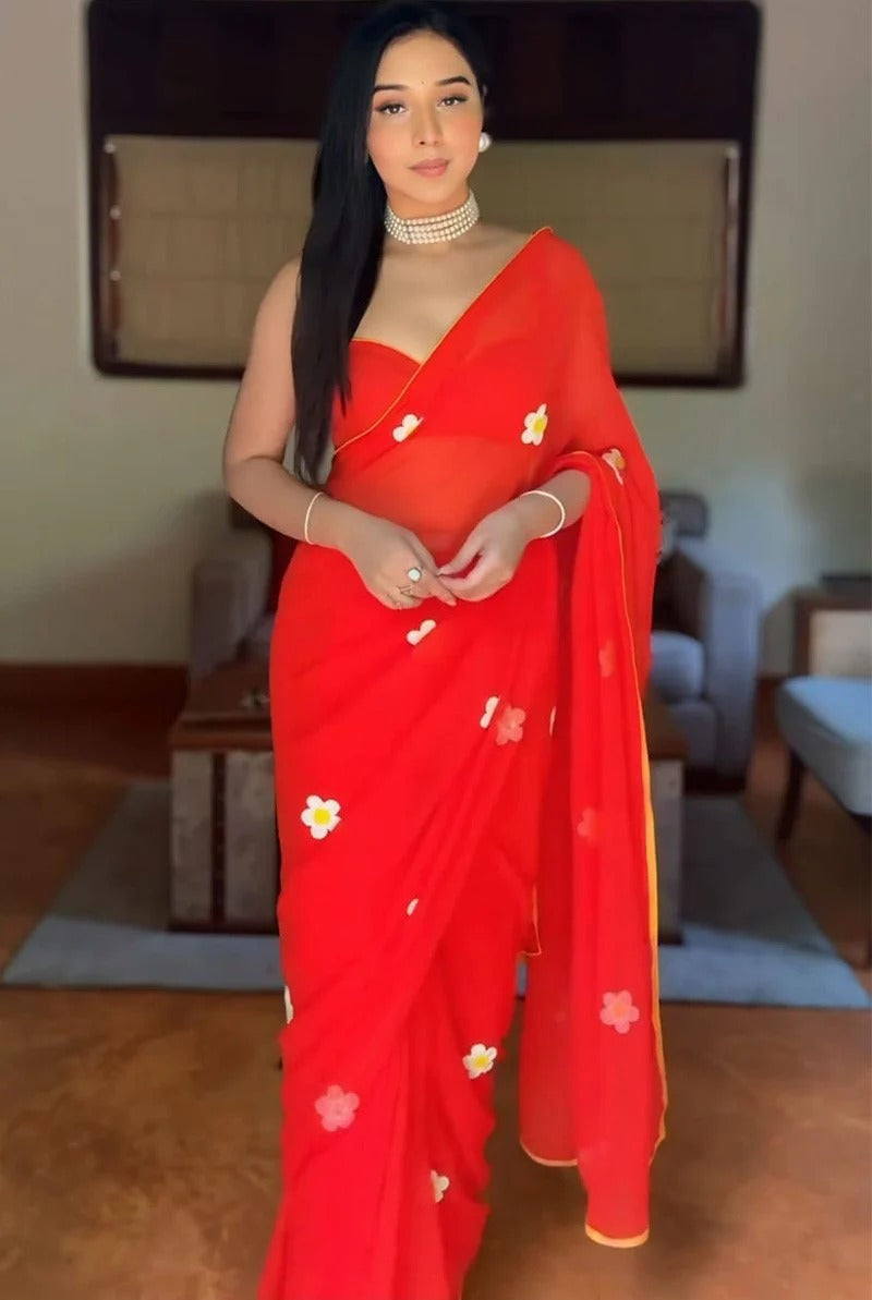 Stunning 1 Minutes Ready To Wear Red Georgette Saree