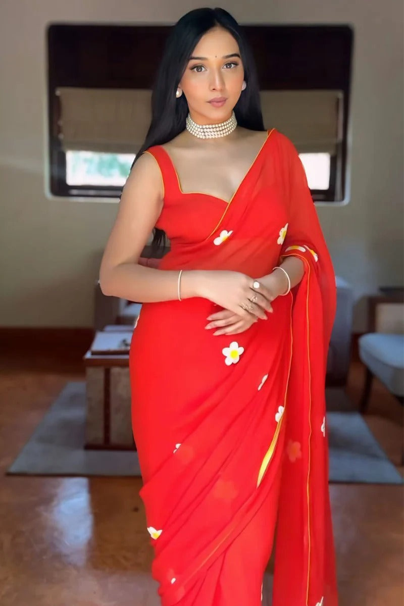 Stunning 1 Minutes Ready To Wear Red Georgette Saree