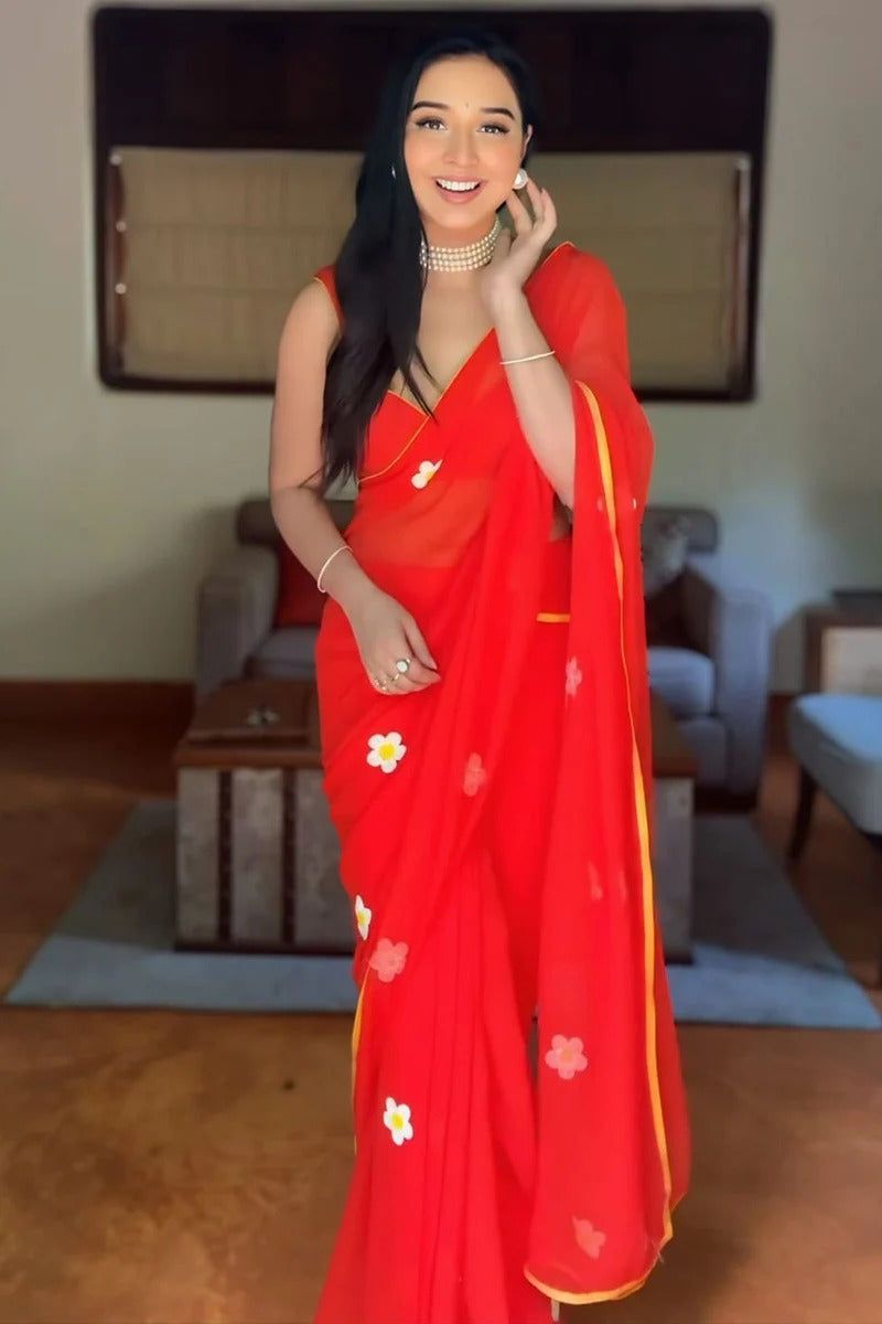 Stunning 1 Minutes Ready To Wear Red Georgette Saree