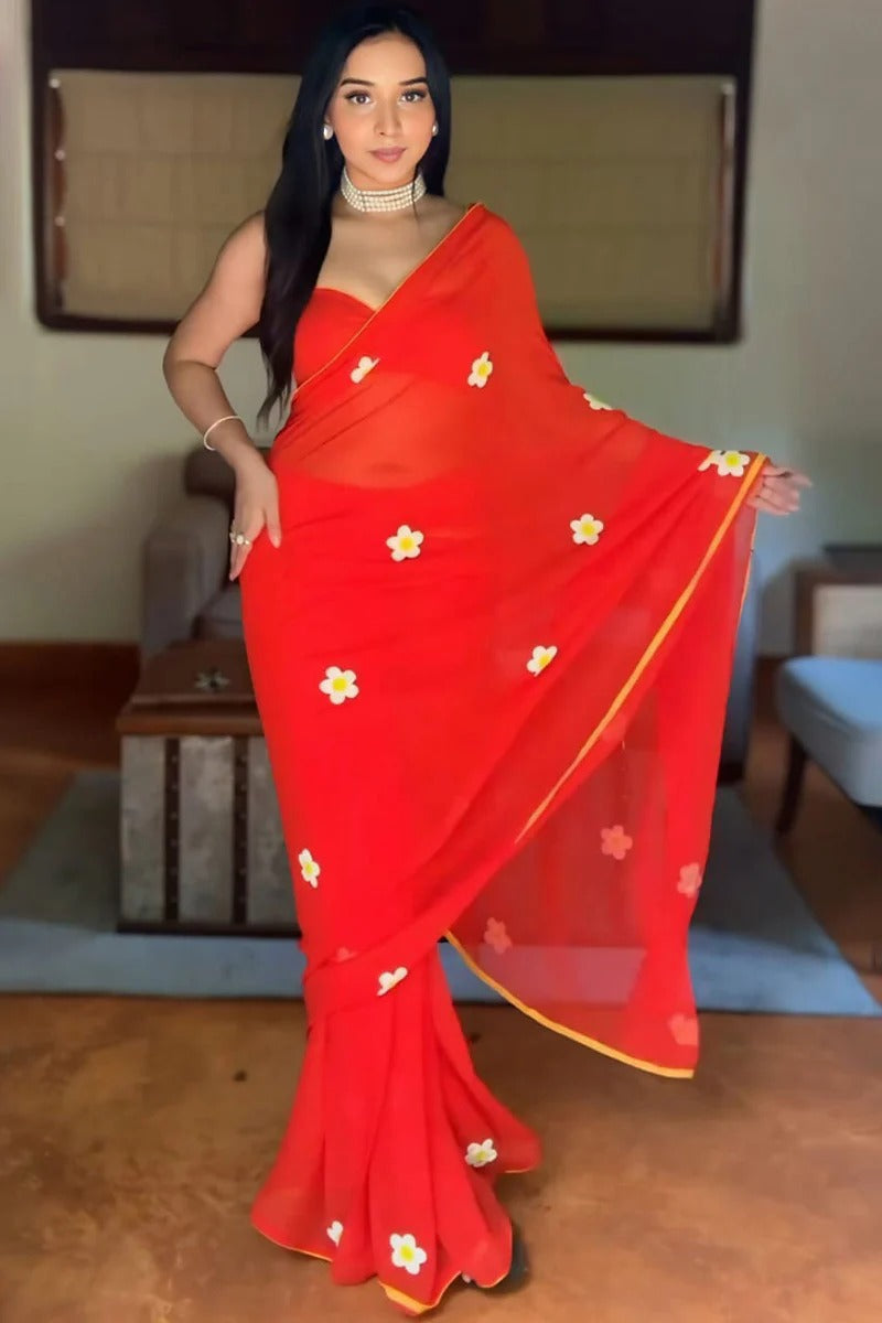 Stunning 1 Minutes Ready To Wear Red Georgette Saree