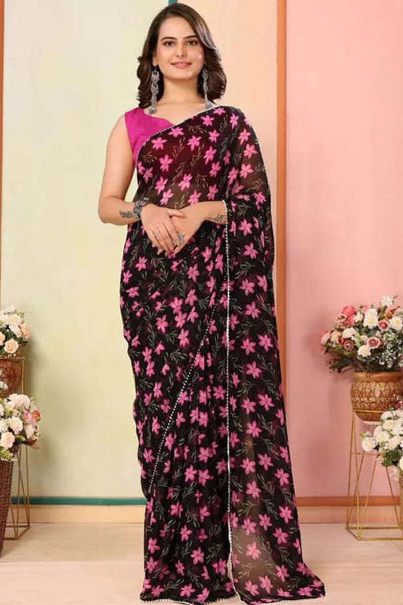 Engrossing Black 1 Minute Ready To Wear Floral Digital Printed Georgette Saree