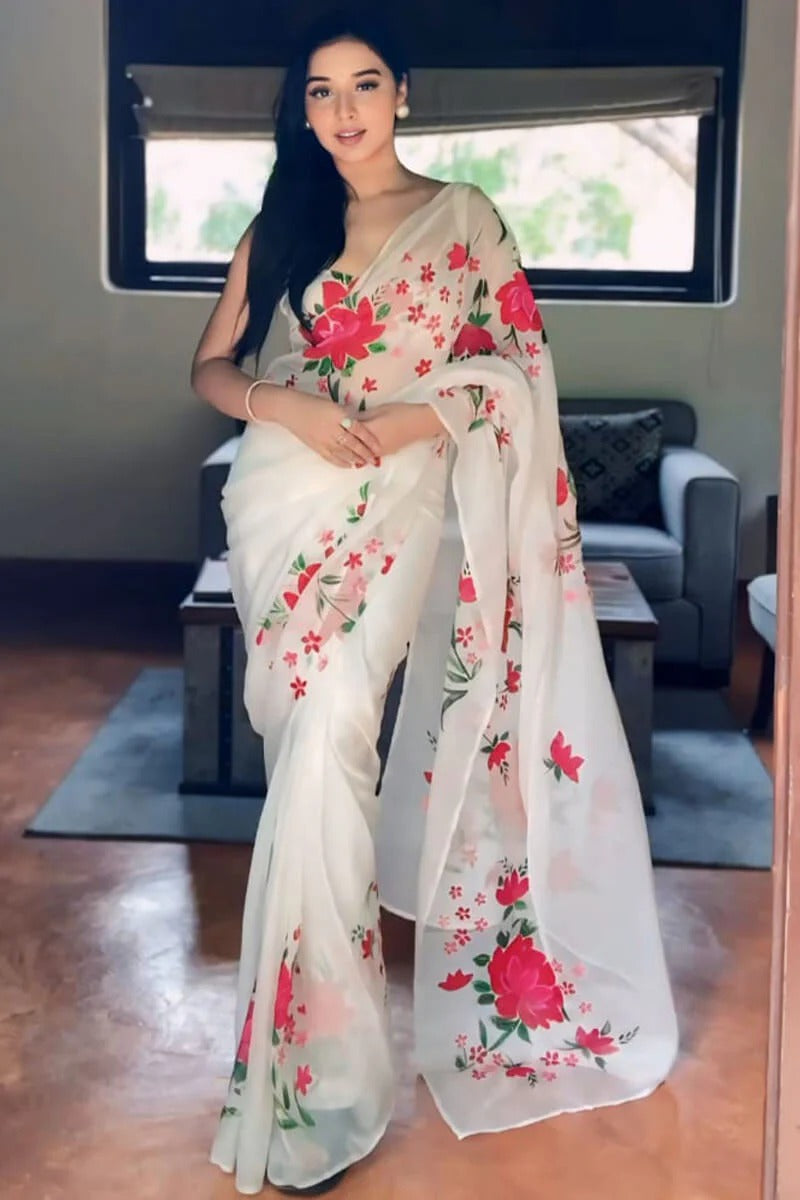 Beautiful 1 Minute Ready To Wear White Floral Digital Printed Organza Silk Saree