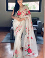 Beautiful 1 Minute Ready To Wear White Floral Digital Printed Organza Silk Saree