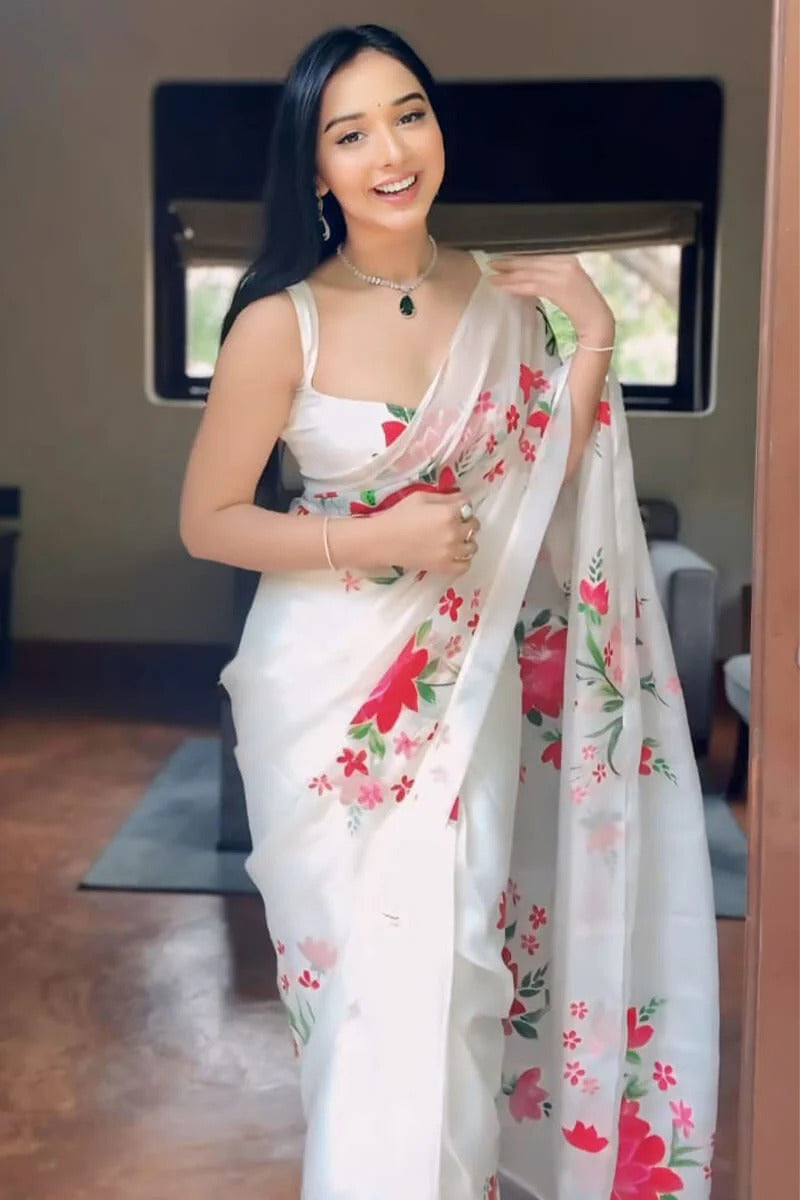 Beautiful 1 Minute Ready To Wear White Floral Digital Printed Organza Silk Saree